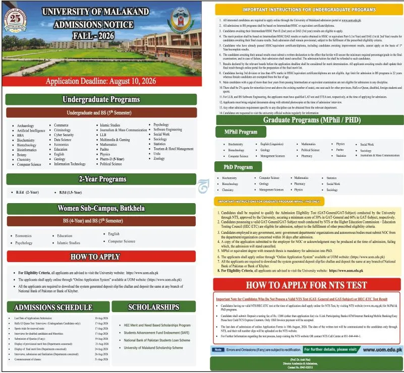 University of Malakand Chakdara (UoM) Fall Admission 2026 admission advertisement