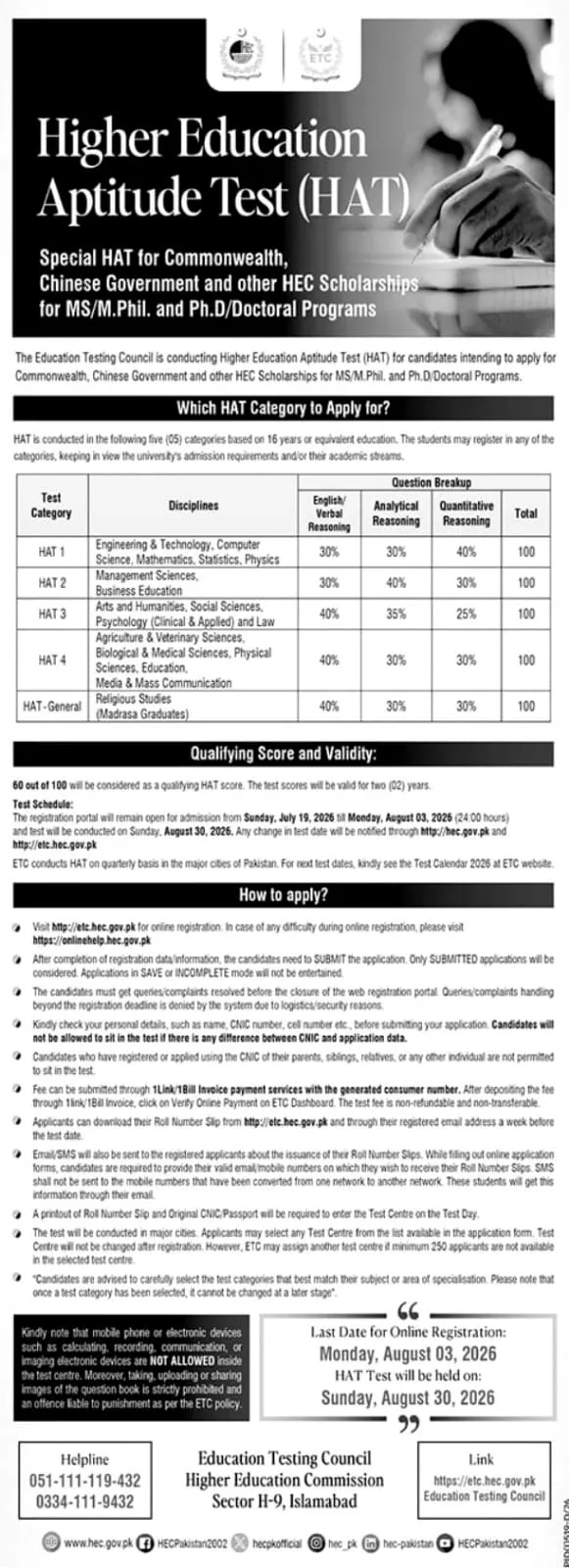 Higher Education Commission (HEC) HAT Test 2026 admission advertisement