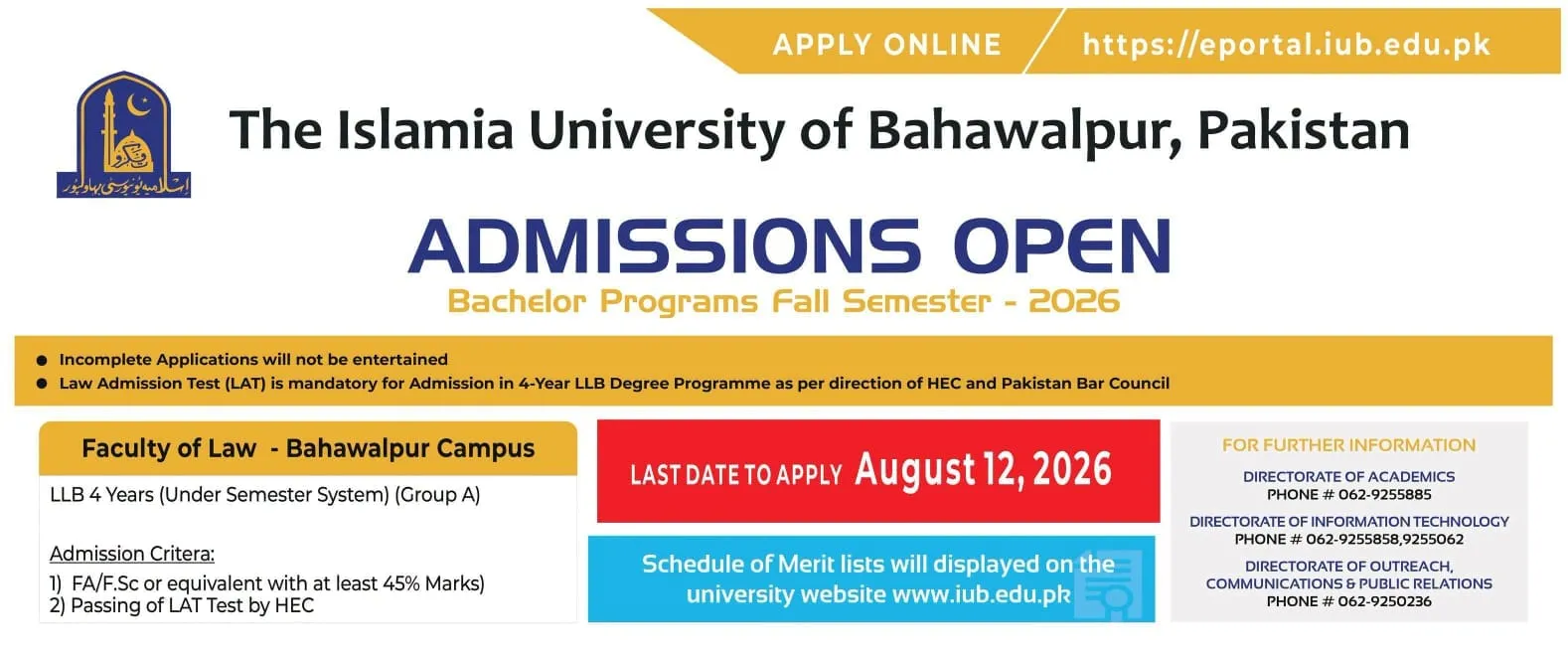 Islamia University Bahawalpur (IUB) LLB Admissions 2026 admission advertisement Islamia University Bahawalpur (IUB) LLB Admissions 2026 admission advertisement
