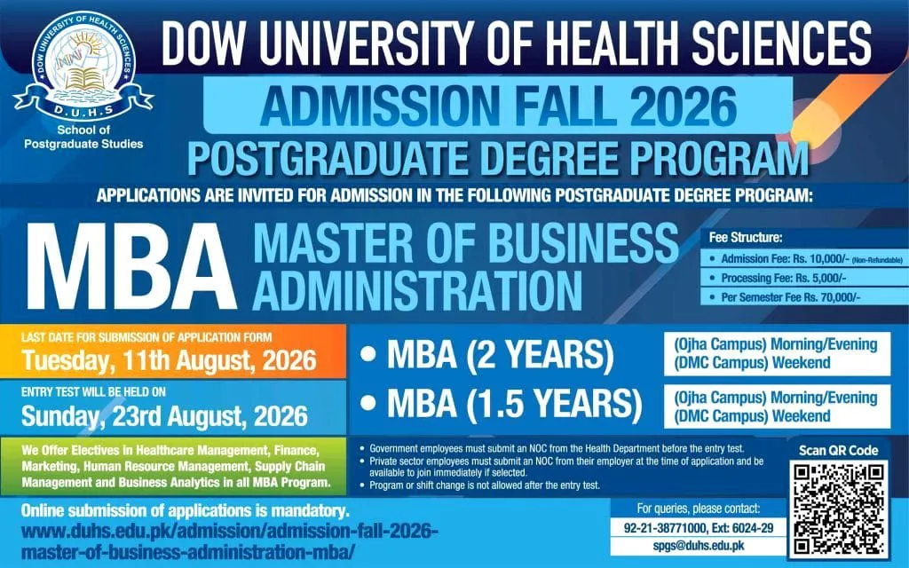 DOW University of Health Sciences Karachi (DUHS) MBA Admissions 2026 admission advertisement