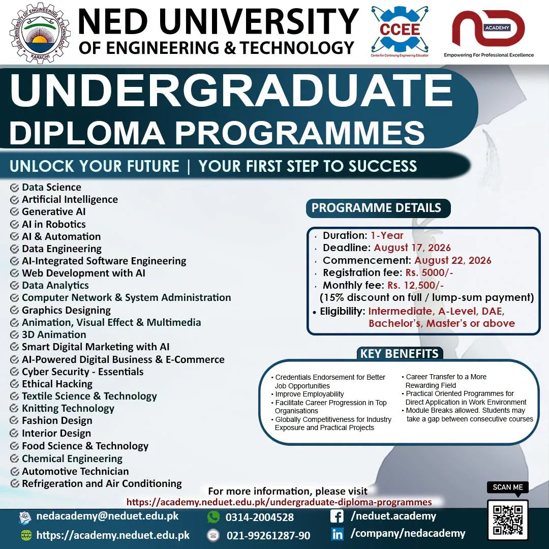 NED University of Engineering & Technology Karachi (NEDUET) - Diploma (UG Diploma Program Admissions 2026)