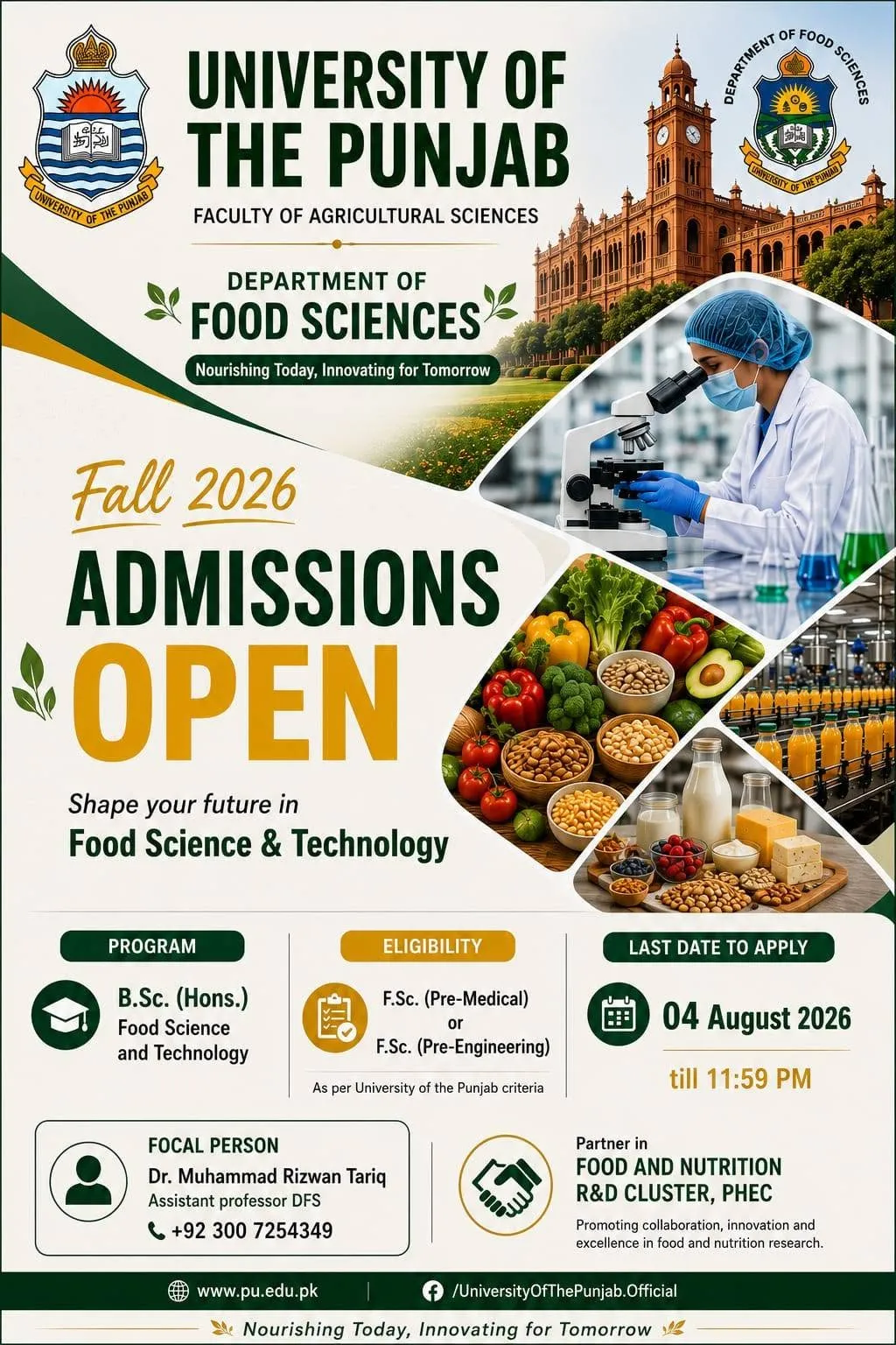 University of the Punjab, Lahore B.Sc Hons Food Science 2026 admission advertisement