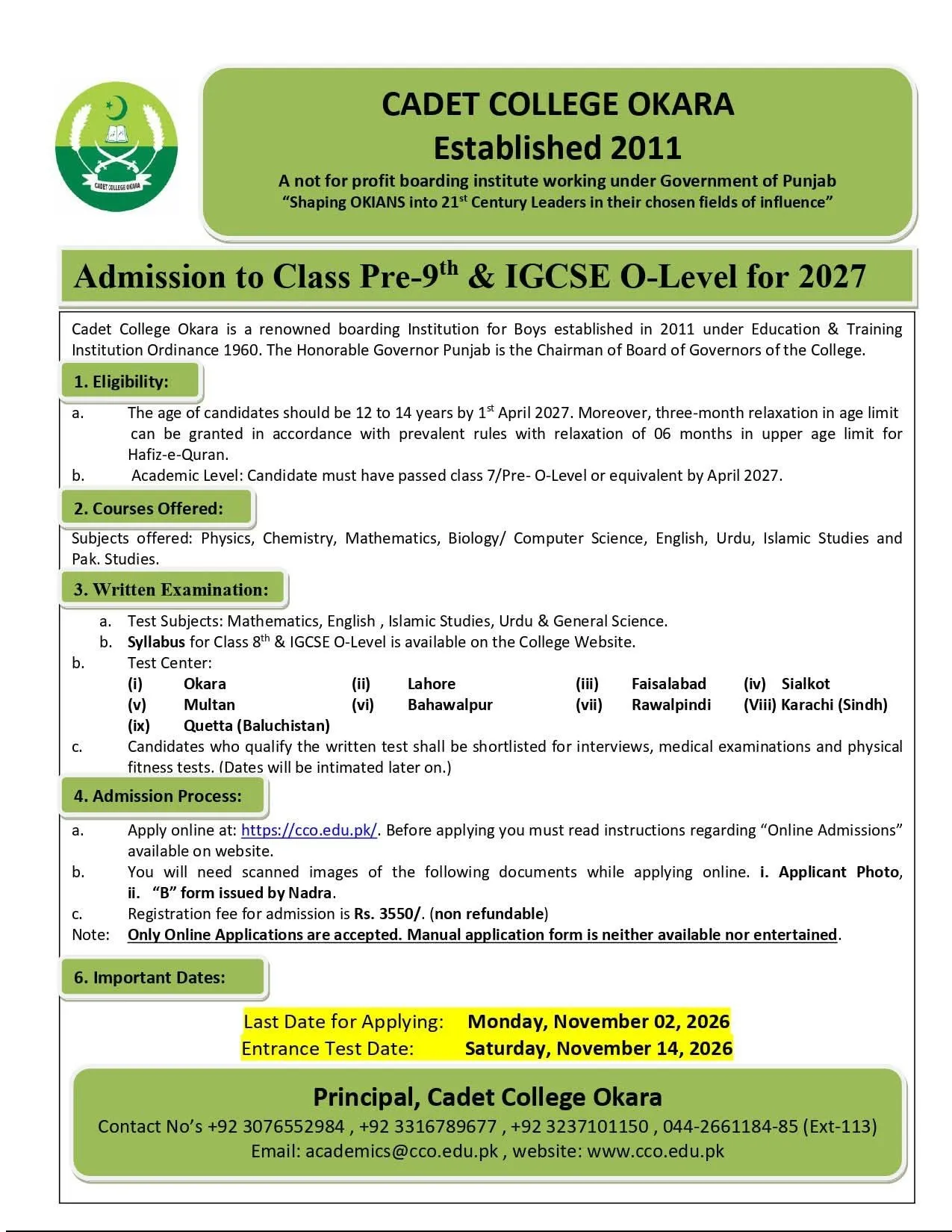 Cadet College Okara Admissions 2026 admission advertisement