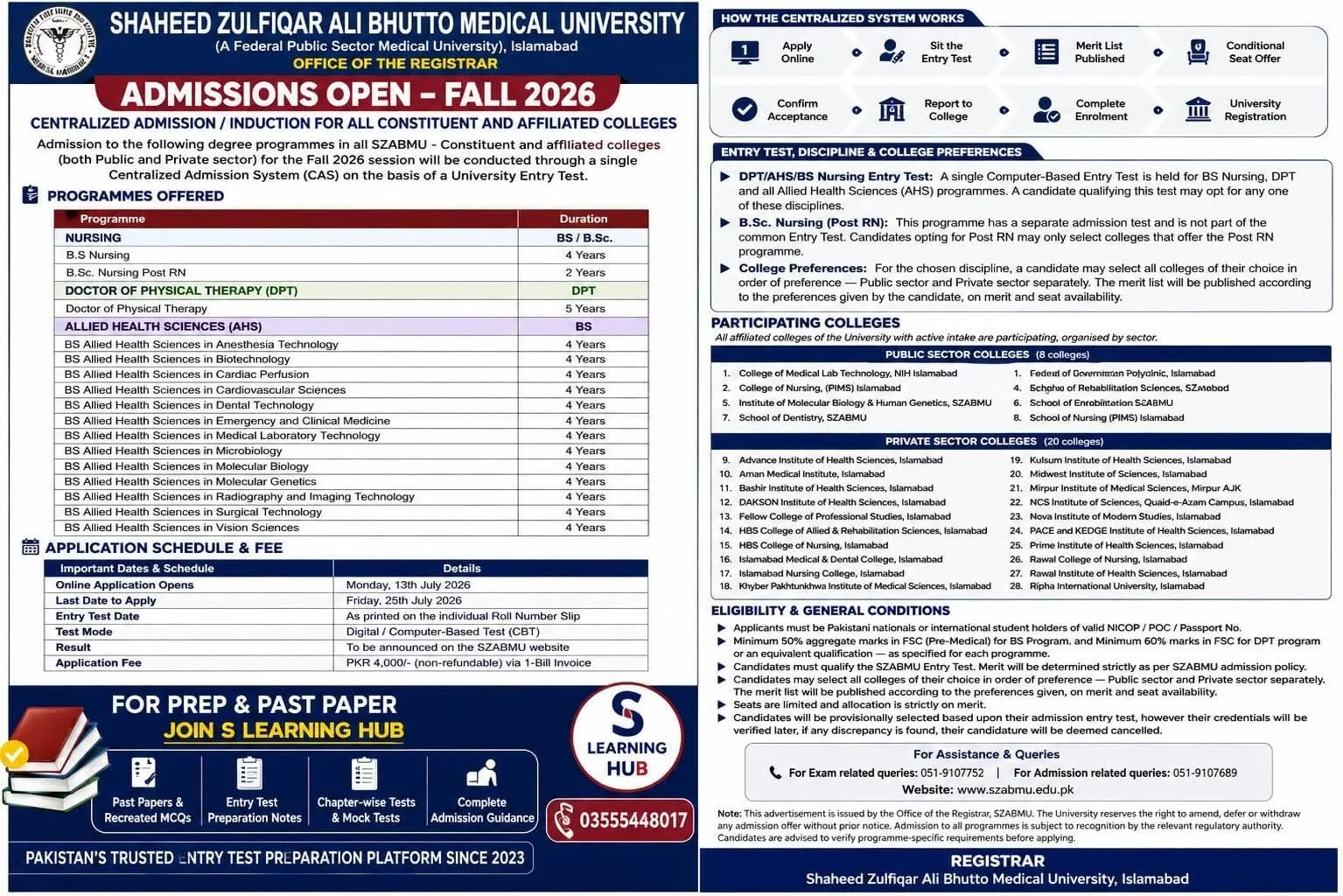 College of Medical Laboratory Technology (CMLT) NIH Islamabad Fall Admission 2026 admission advertisement