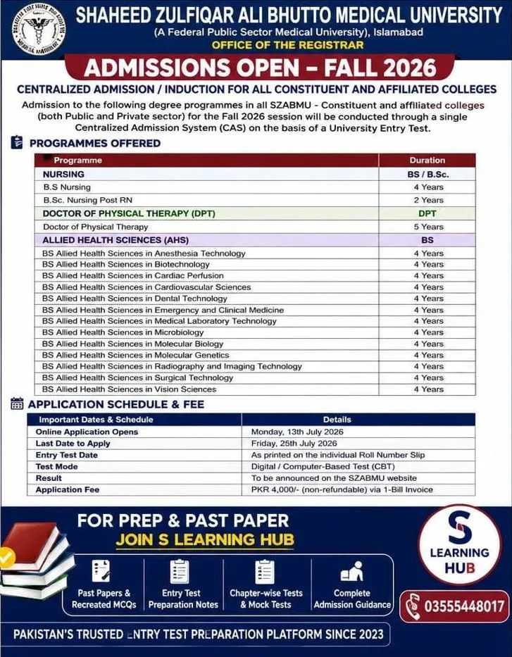 Khyber Pakhtunkhwa Institute of Medical Sciences Islamabad AHS Admission 2026 admission advertisement