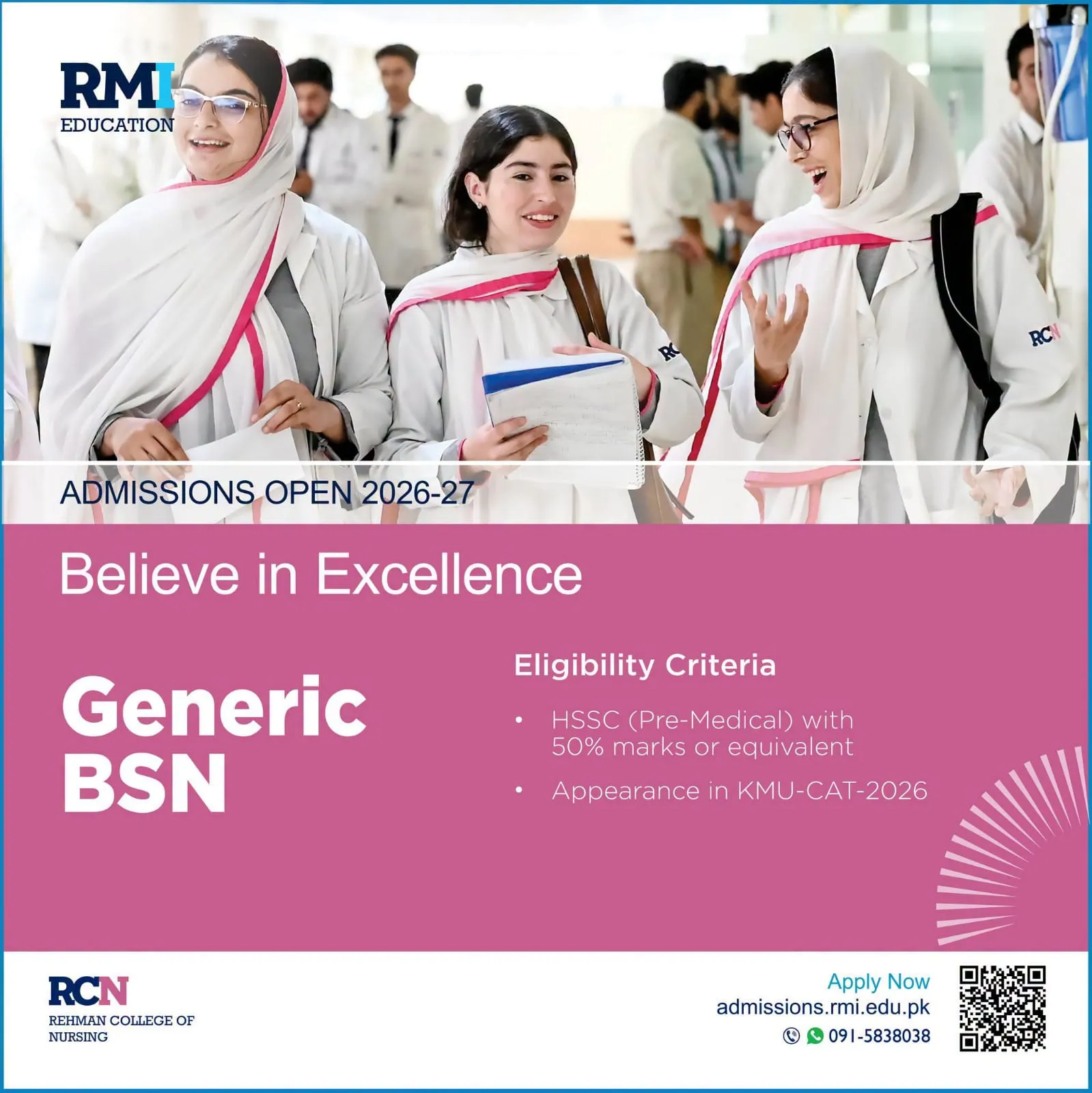 Rehman College of Nursing RCN Peshawar BSN Generic Admissions 2026 admission advertisement