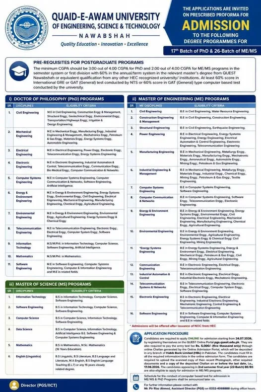 Quaid-e-Awam University of Engineering, Science & Technology Nawabshah (QUEST) - Under Graducate / Graduate / Post Graduate Programs (Fall Admission 2026)