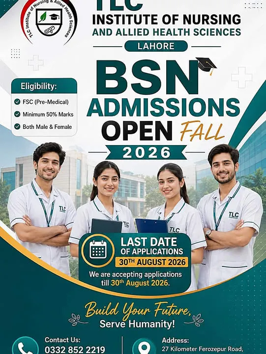 Institute of Nursing and Allied Health Sciences Lahore BS Nursing Admissions 2026 admission advertisement