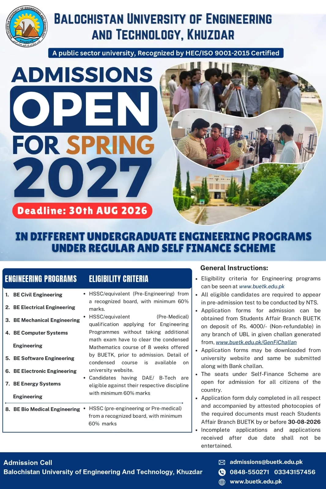 Balochistan University of Engineering & Technology Khuzdar (BUET) - BS (UG Fall Admission 2026)