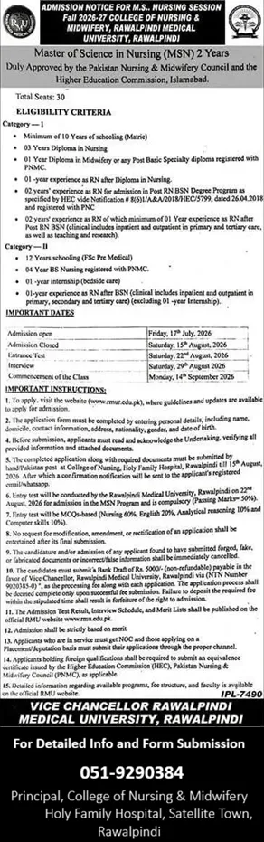Rawalpindi Medical University (RMU) MSN Admissions 2026 admission advertisement
