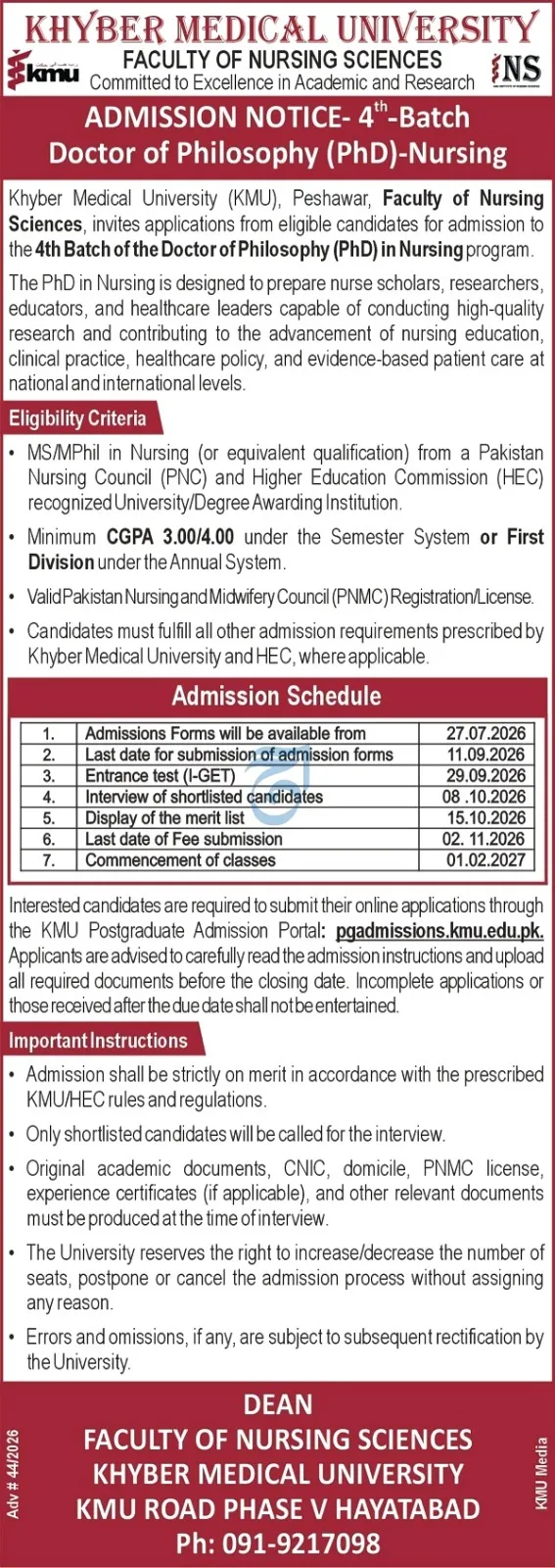 Khyber Medical University Peshawar (KMU) - PhD (PhD Nursing Admissions 2026 )