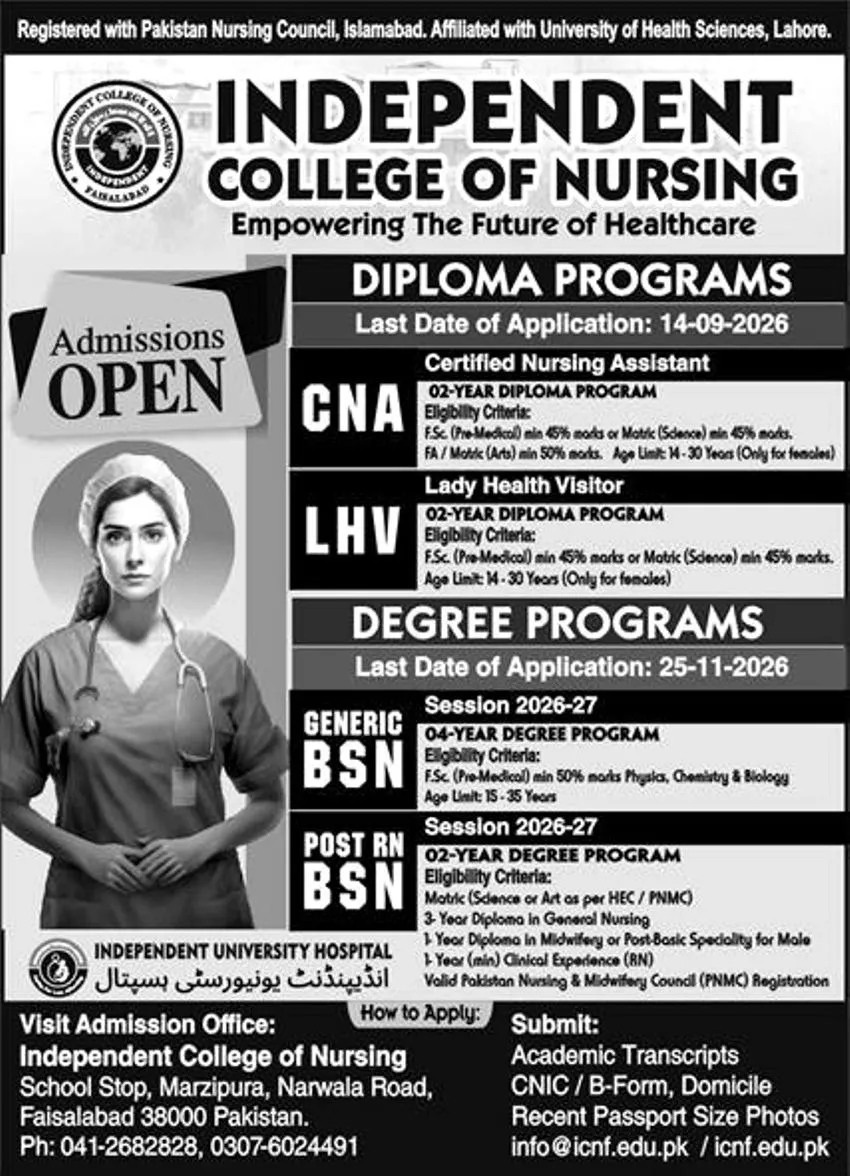 Independent College of Nursing, Faisalabad BS Fall Admissions 2026 admission advertisement