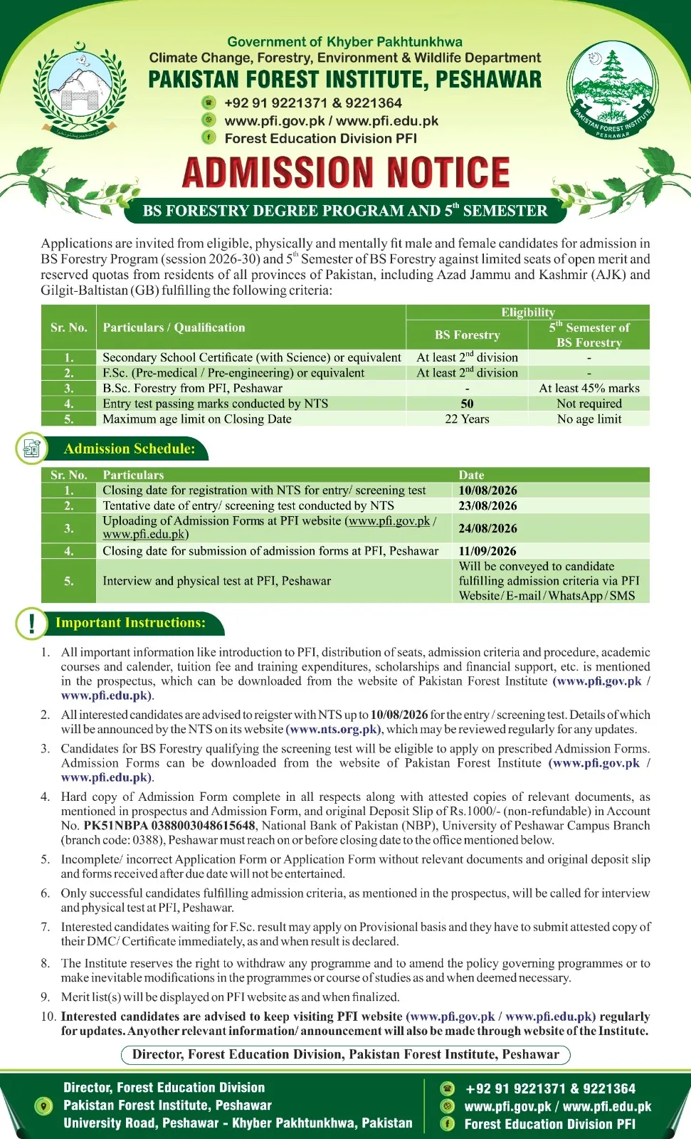 Pakistan Forest Institute (PFI), Peshawar BS Fall Admissions 2026 admission advertisement