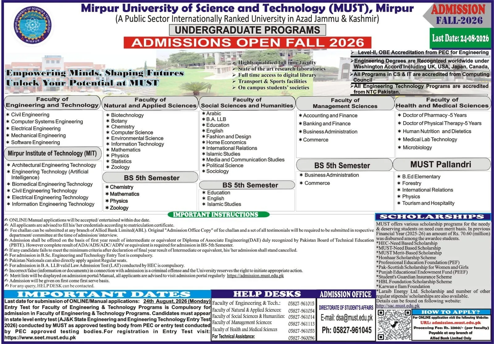 Mirpur University of Science & Technology Mirpur (MUST) - Undergraduate Programs (Fall Admission 2026)