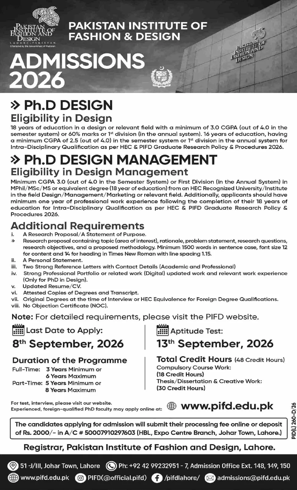 Pakistan Institute of Fashion & Design (PIFD) - PhD (PhD Admissions 2026)