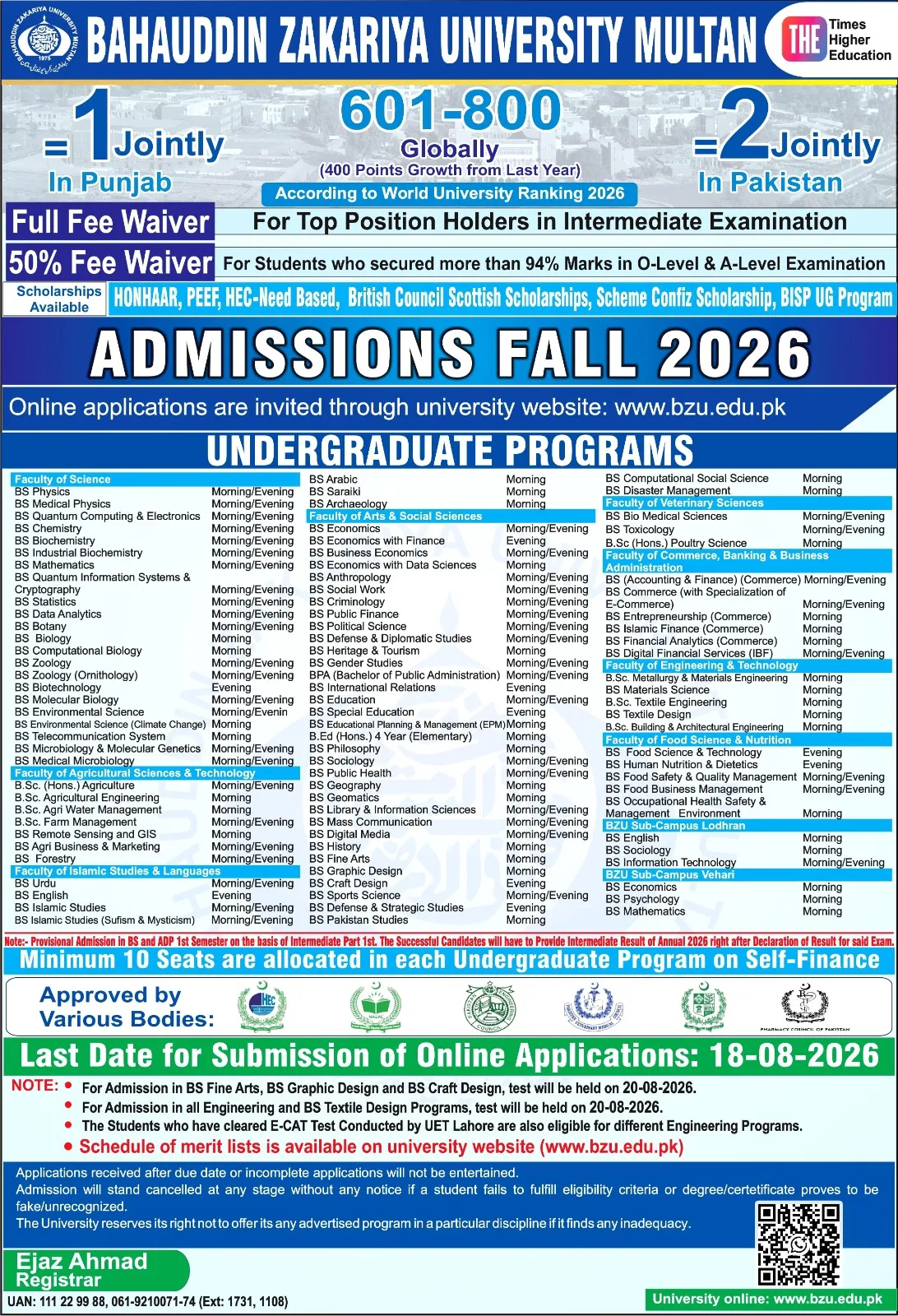 Bahauddin Zakariya University Lodhran Campus (BZU) - Undergraduate Programs (Fall Admission 2026)