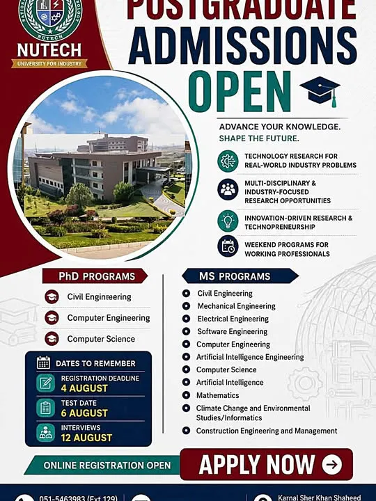 National University of Technology Islamabad (NUTECH) PG Fall Admission 2026 admission advertisement