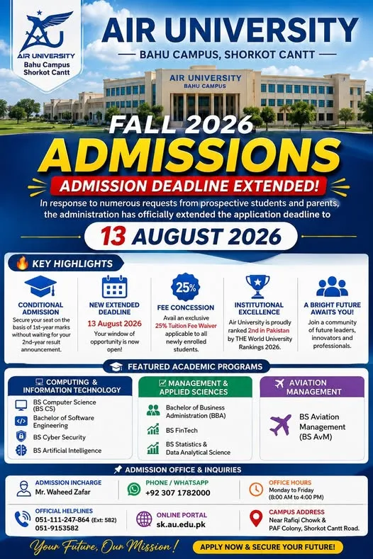Air University Shorkot Bahu Campus (AU) Fall Admission 2025 admission advertisement