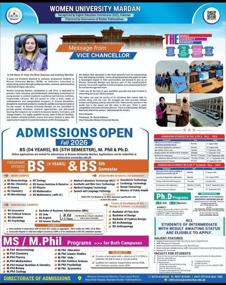 Women University Mardan (WUMurdan) Fall Admissions 2026 admission advertisement