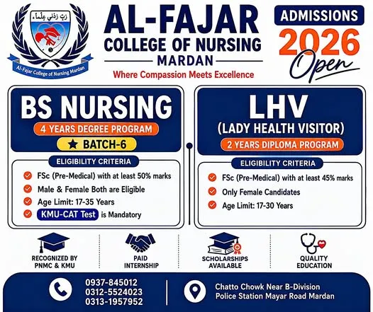 Al Fajar College of Nursing , Mardan Fall Admissions 2026 admission advertisement