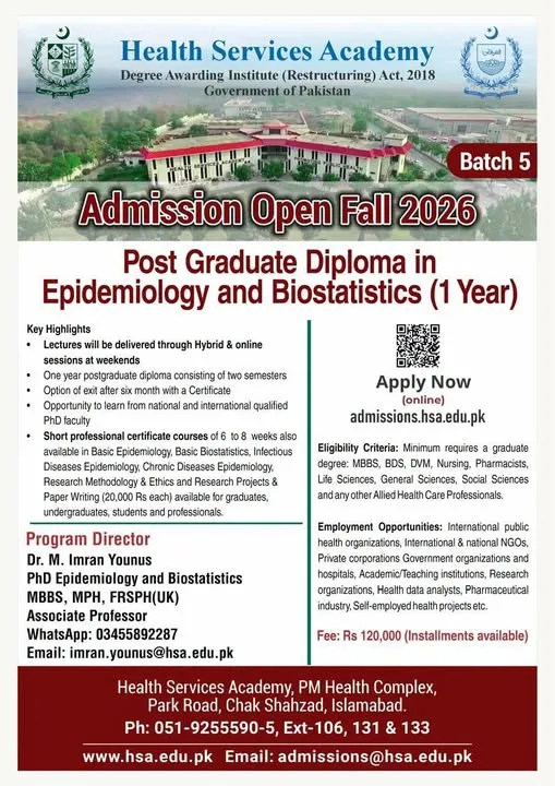 Health Services Academy, Islamabad (HSA) Diploma  Admissions 2026 admission advertisement