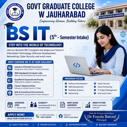 Govt Graduate College for Women Jauharabad BS IT Admissions 2026 admission advertisement