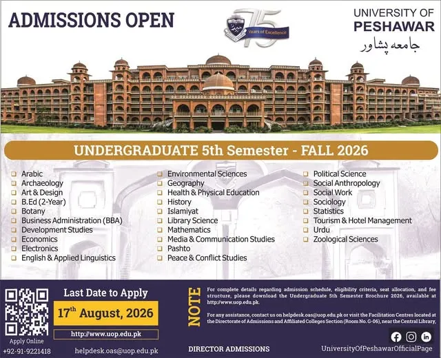 University of Peshawar (UoP) BS 5th Semester Admissions 2026 admission advertisement