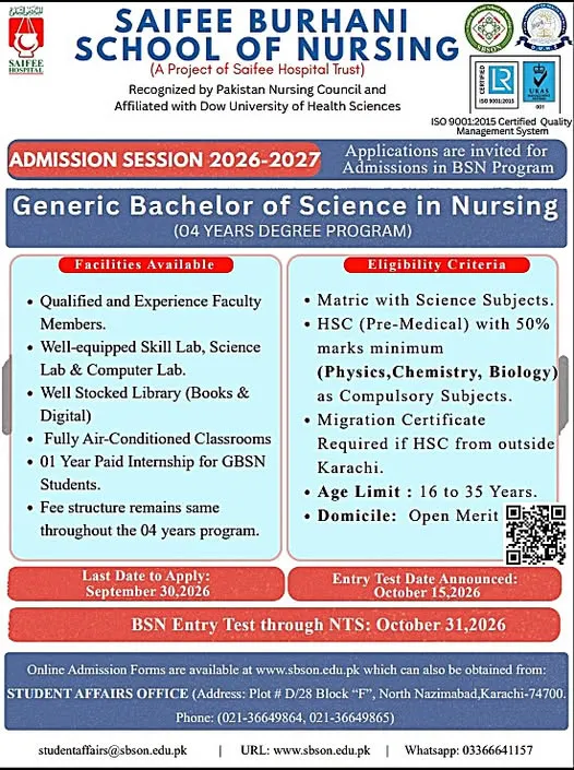 Saifee Burhani College of Nursing, Karachi - BS (BSN Admissions 2026)