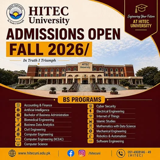 HITEC University (HITEC) Taxila UG Fall Admission 2026 admission advertisement
