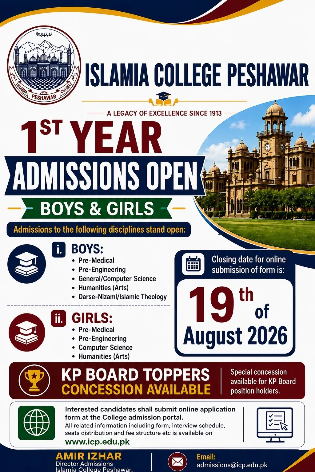 Islamia College Peshawar Intermediate Admissions 2026  admission advertisement