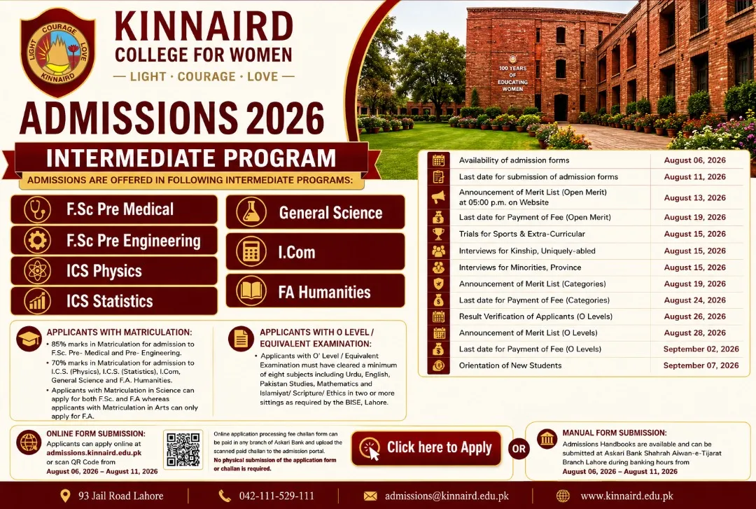 Kinnaird College for Women Lahore (KCW) Intermediate Admissions 2026  admission advertisement