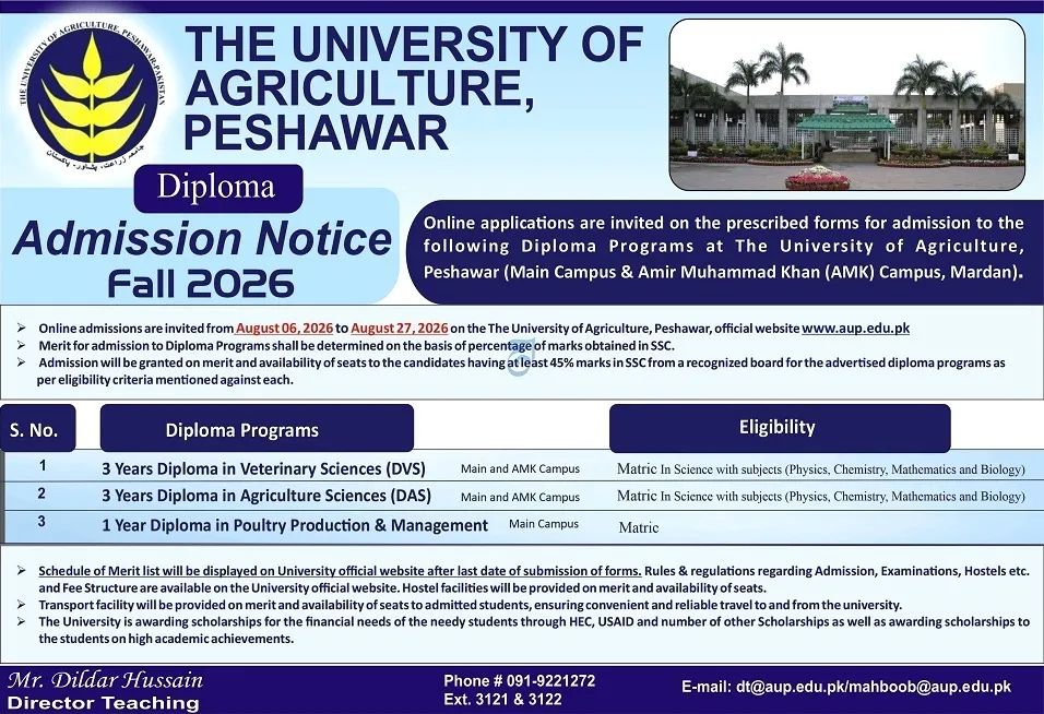 University of Agriculture Peshawar (UAP) Diploma Admissions 2026 admission advertisement