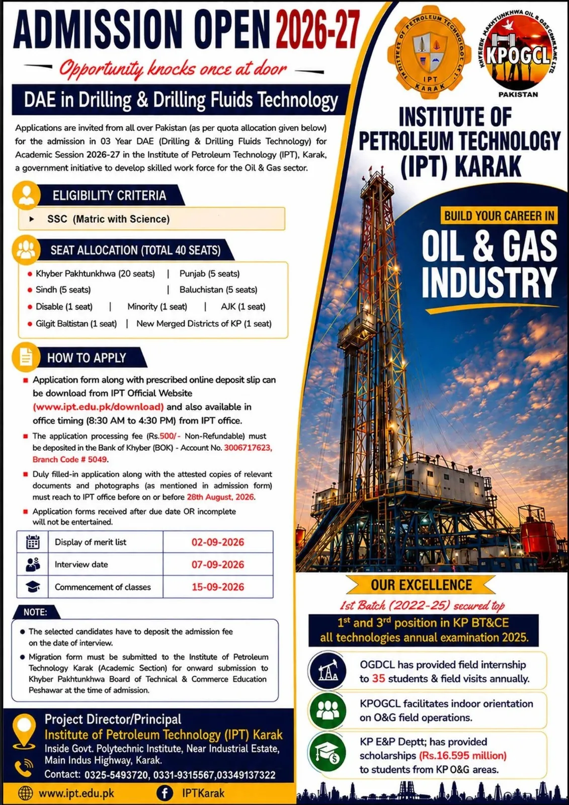 Institute of Petroleum Technology (IPT) Karak DAE Fall Admission 2026 admission advertisement