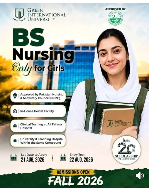 Green International University (TGIU) BS Nursing Admissions 2026 admission advertisement