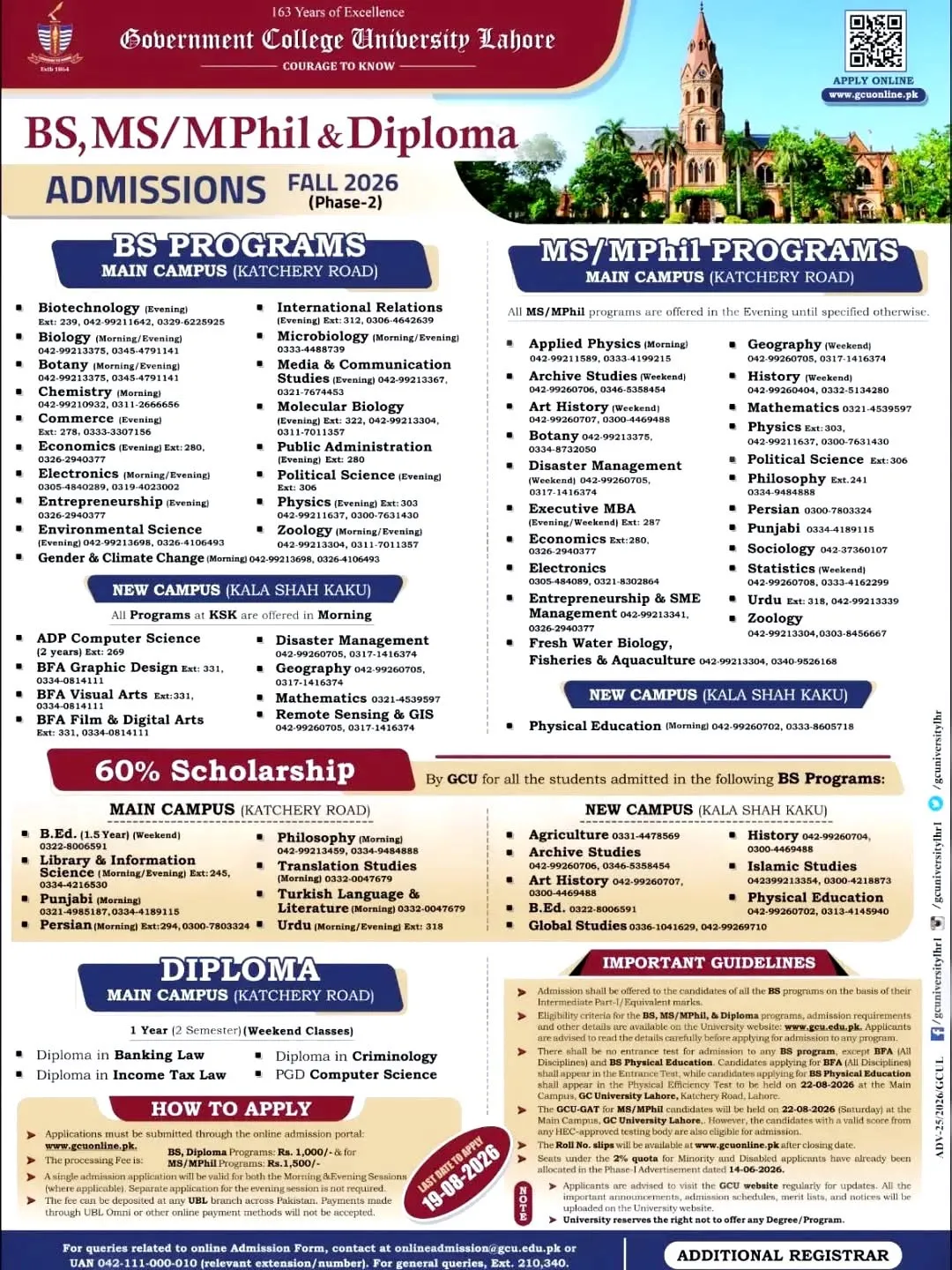 Government College University Lahore (GCU Lahore) Fall Admission 2026 admission advertisement
