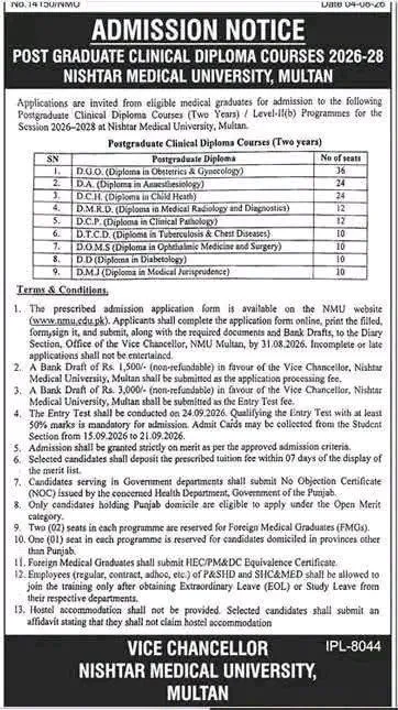 Nishtar Medical University (NMU) PG Diploma admissions 2026 admission advertisement