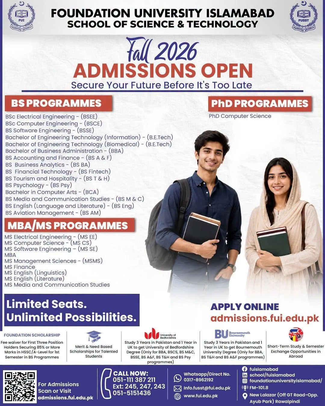 Foundation University School of Science & Tech (FUSST), Rawalpindi UG Fall Admission 2026 admission advertisement