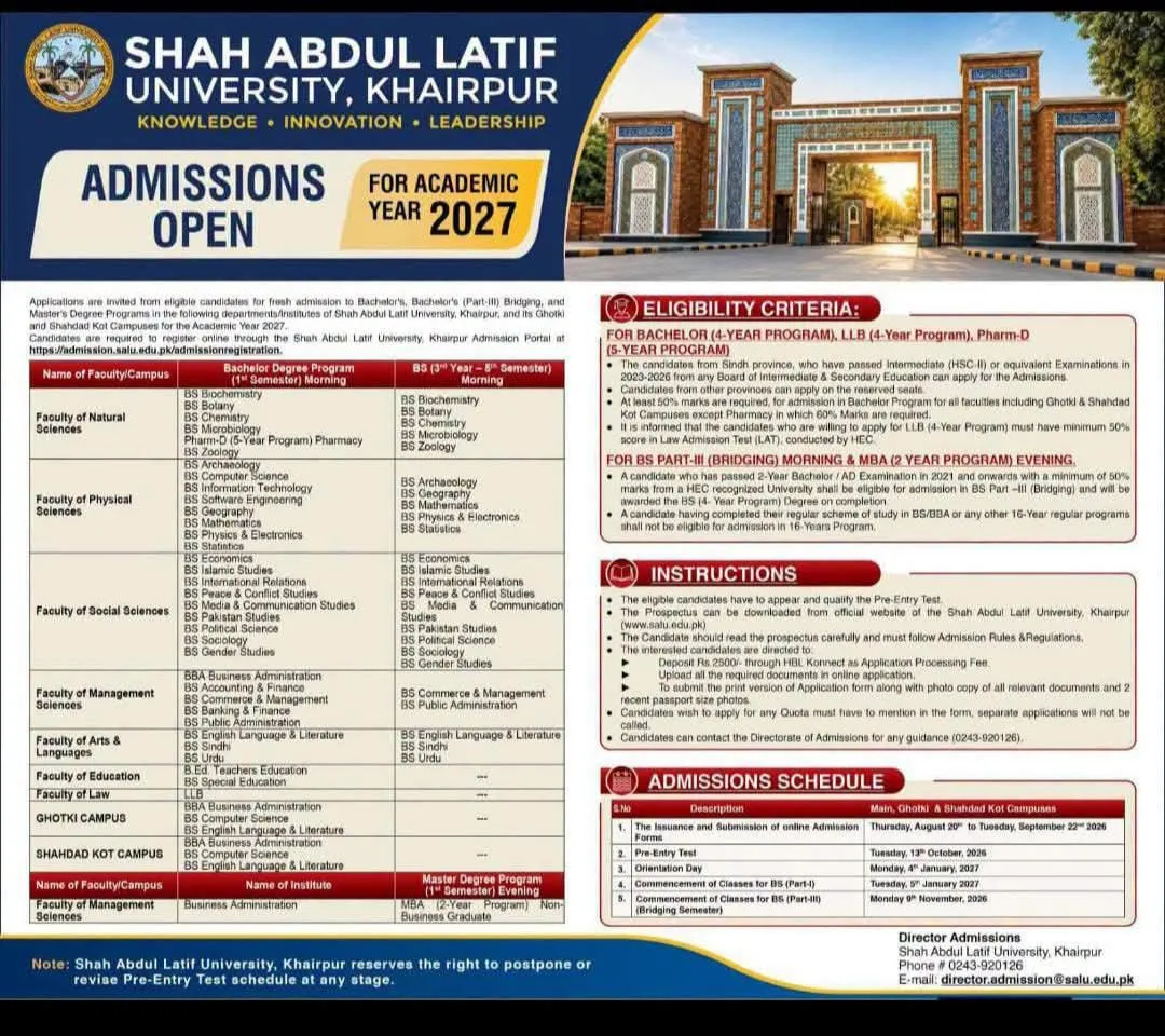 Shah Abdul Latif University Khairpur (SALU) UG Fall Admission 2026 admission advertisement