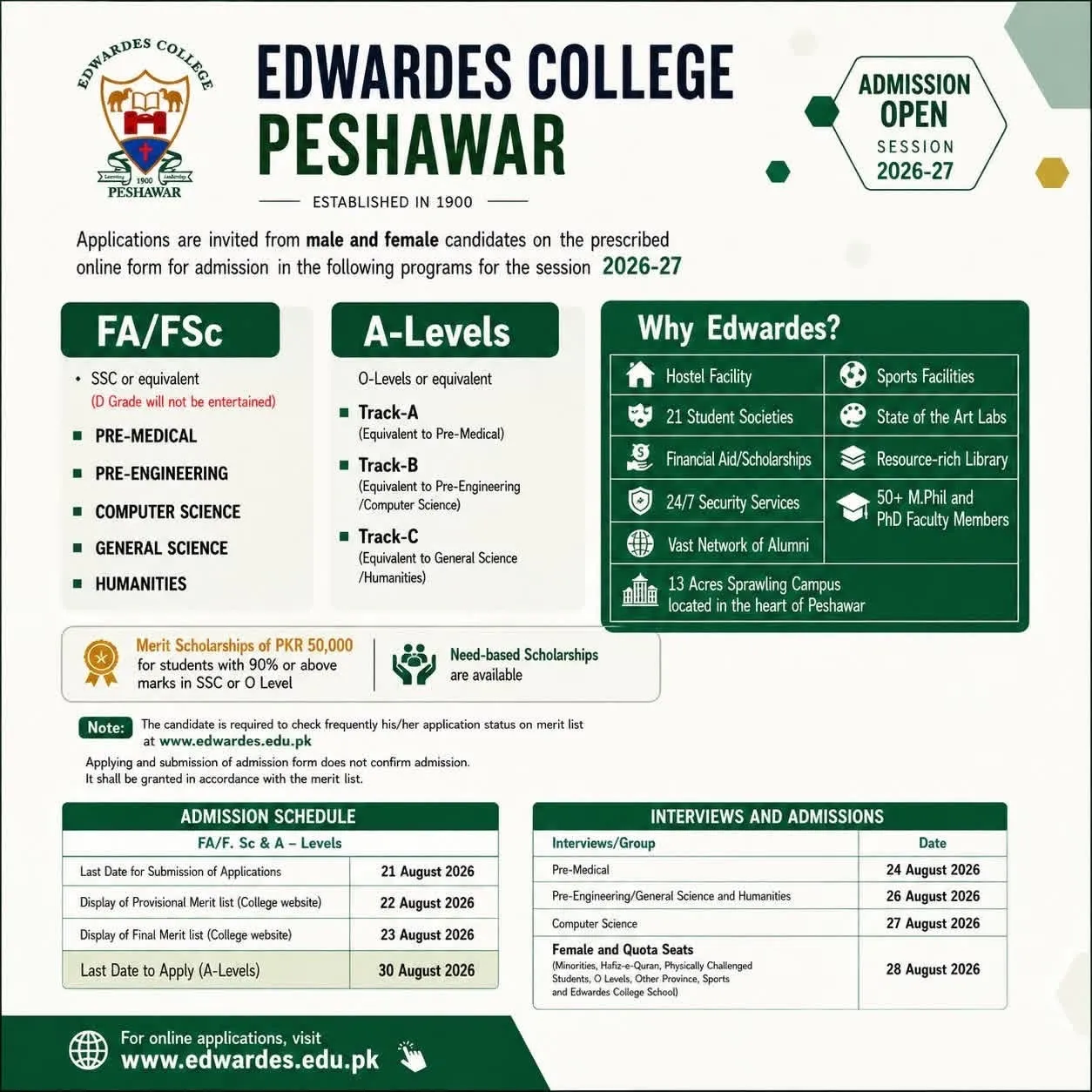 Edwardes College Peshawar Fall Admission 2026 admission advertisement