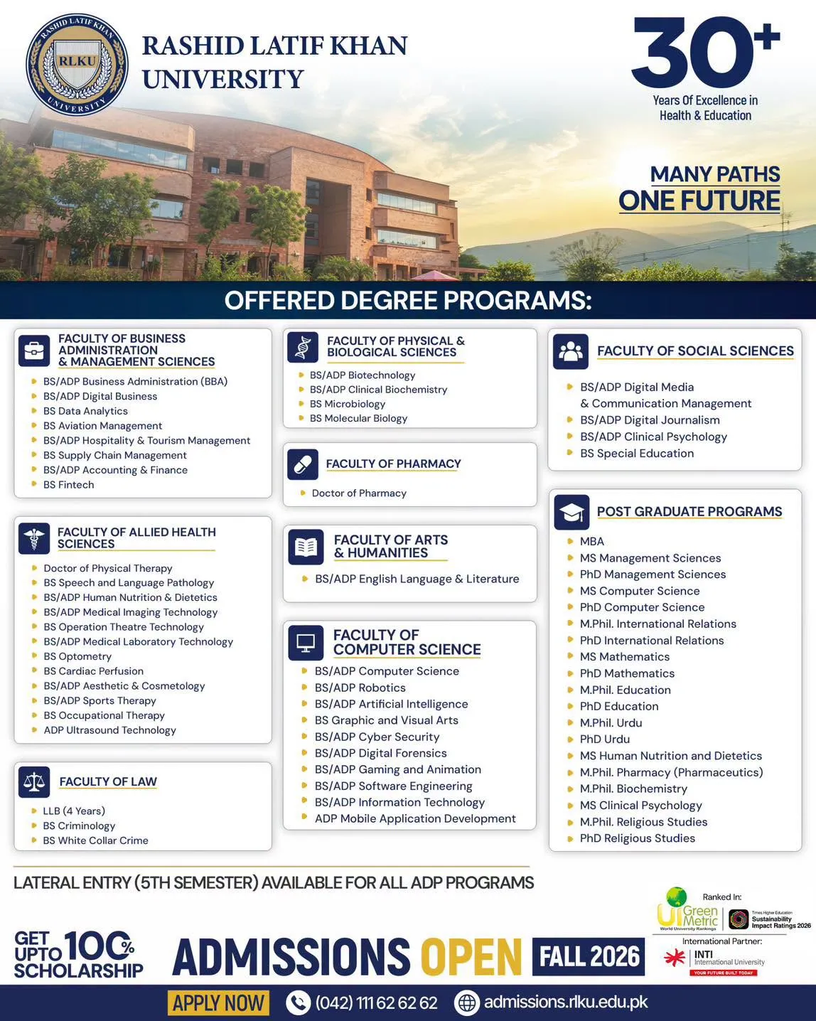 Rashid Latif Khan University (RLU) - Under Graducate / Graduate / Post Graduate Programs (Fall Admission 2026)