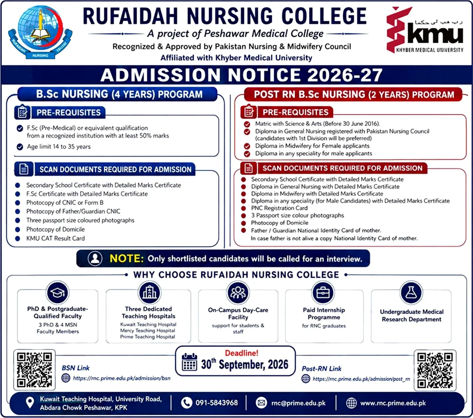 Rufaidah Nursing College Peshawar BS Nursing Admissions 2026 admission advertisement