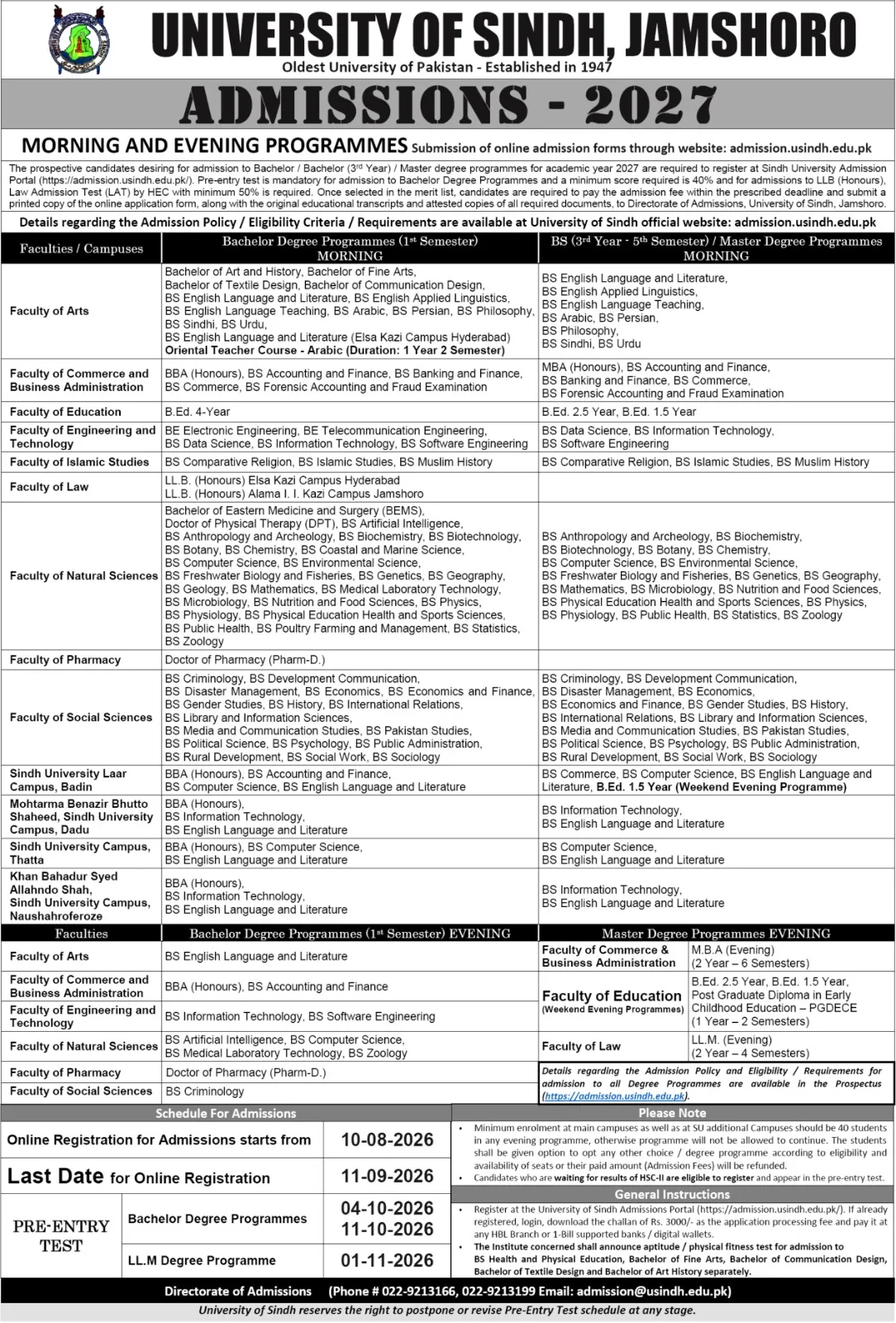 University of Sindh JAMSHORO (UoS) UG and PG Admissions 2026 admission advertisement