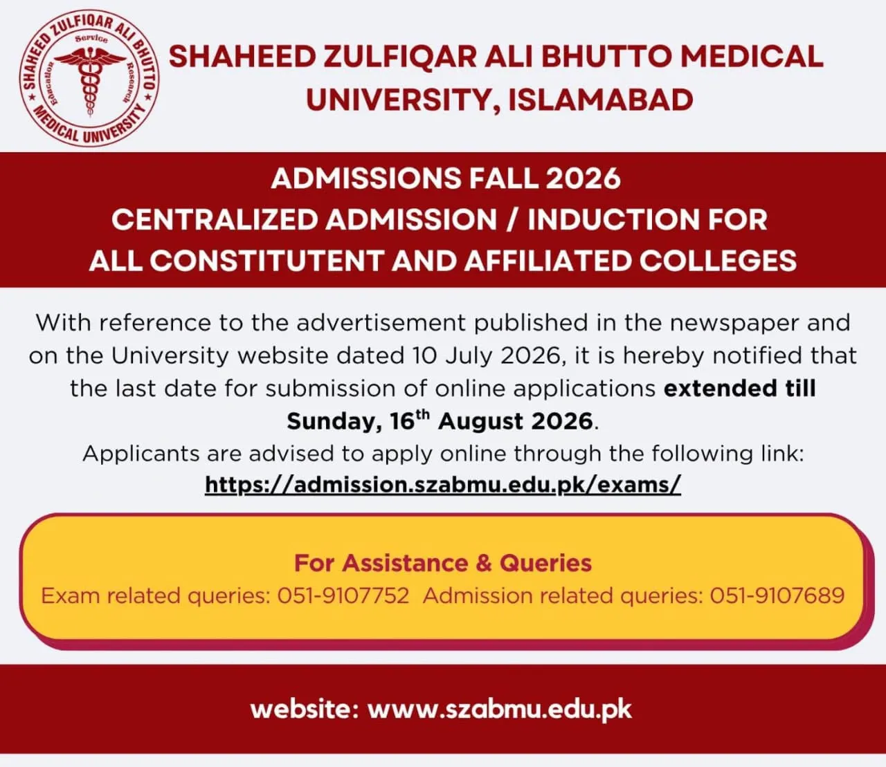 Shaheed Zulfiqar Ali Bhutto Medical University Islamabad (SZABMU) Entry Test for UG AHS Programs 2026 admission advertisement