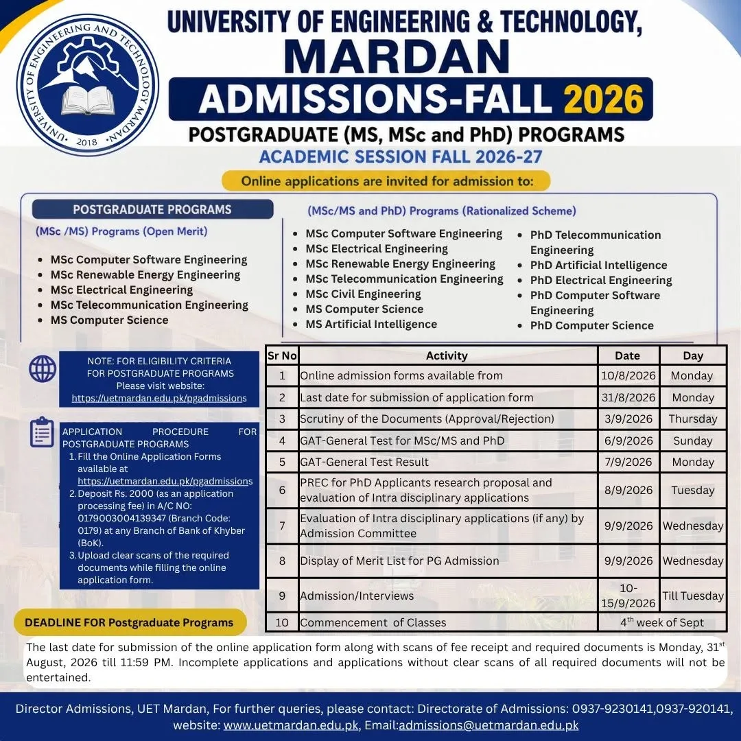 University of Engineering & Technology, Mardan (UET Mardan) PG Admissions 20026 admission advertisement
