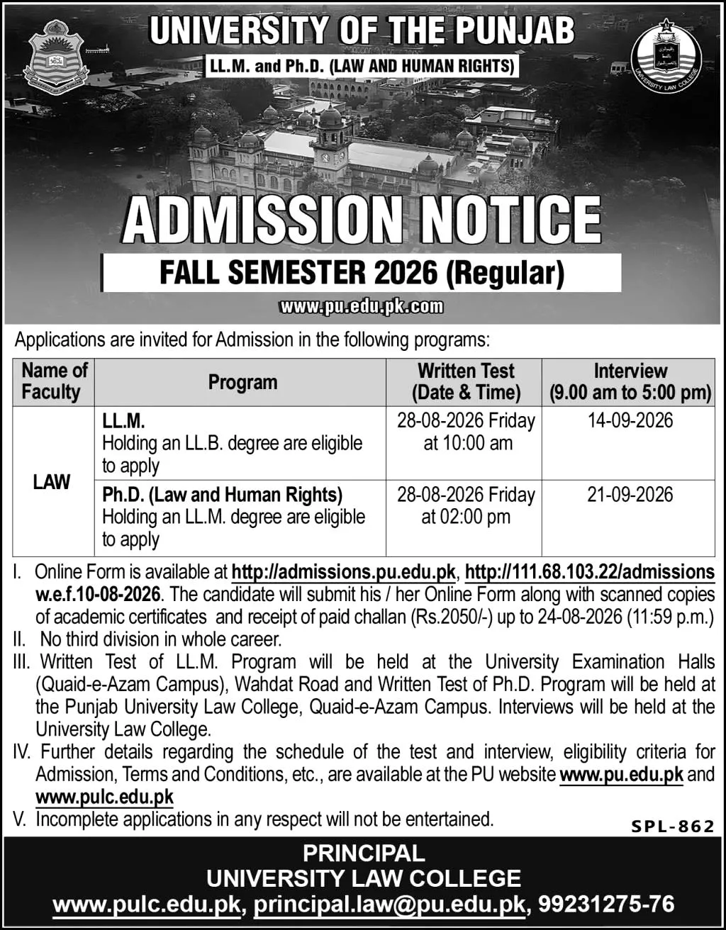 University of the Punjab, Lahore LLM and PhD Admission 2026 admission advertisement