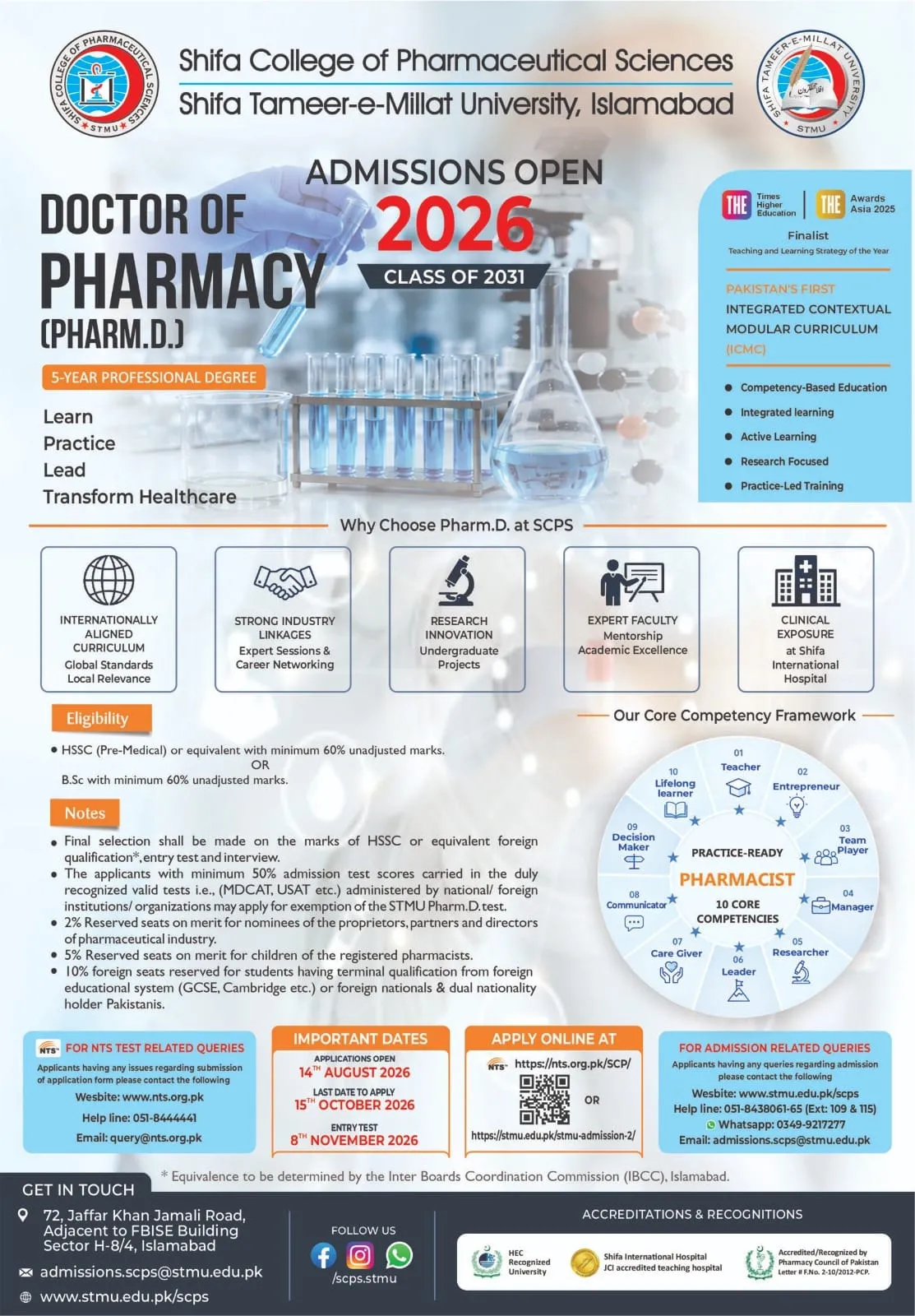 Shifa College of Pharmaceutical Sciences Pharm D Admissions 2026 admission advertisement