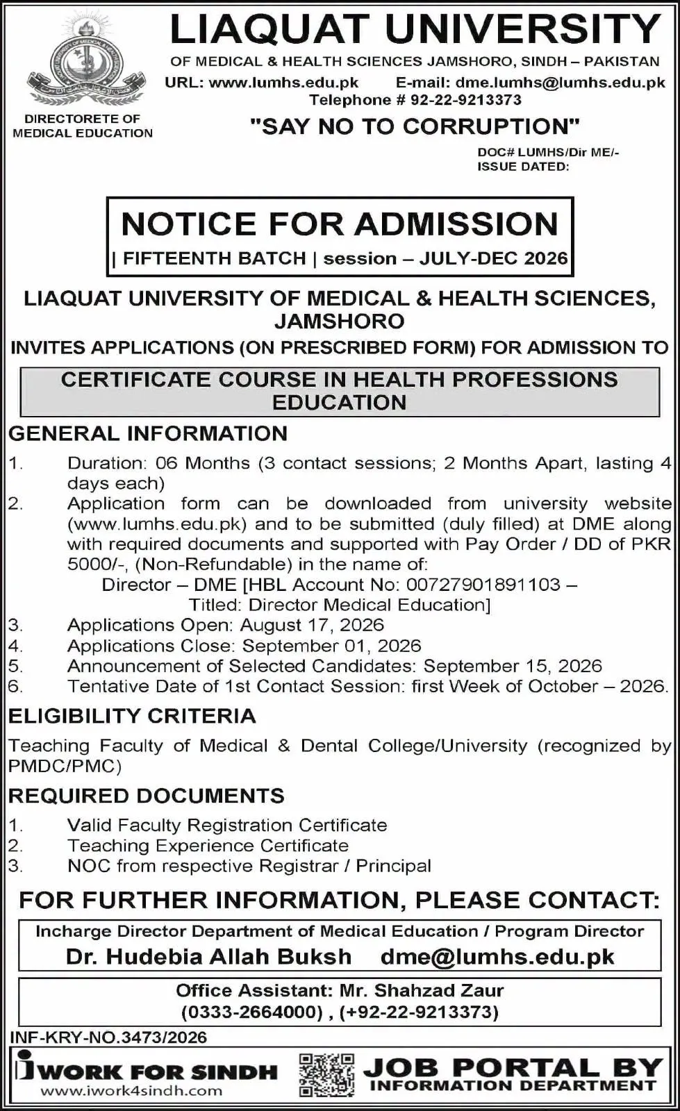 Liaquat University of Medical & Health Sciences Jamshoro (LUMHS) CHPE Courses 2026 admission advertisement
