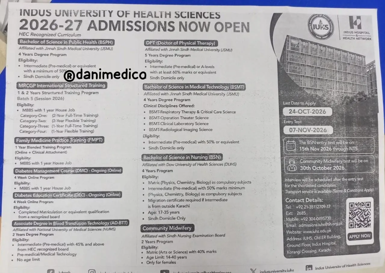 Click to view admission details Indus University Karachi (Indus) Admission Notice AHS Programs Admissions 2026