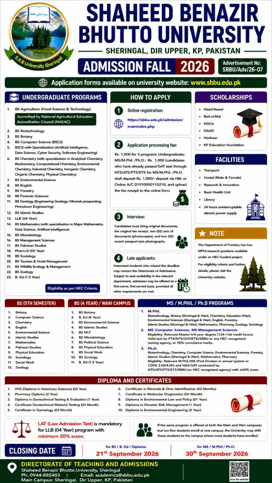 Click to view admission details Shaheed Benazir Bhutto University Sheringal Upper Dir (SBBU) Admission Notice MS Mphil PhD Admission 2026