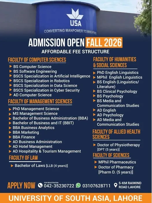University of South Asia (USA Lahore) Admission Notice Fall Admission 2026